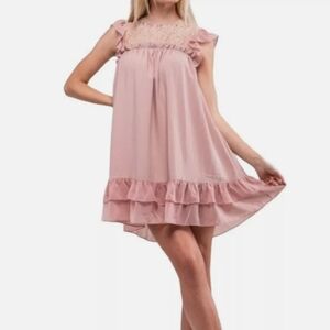 By Egreis Aida chiffon baby doll ruffle shoulder and hem pink lace neck dress Sm